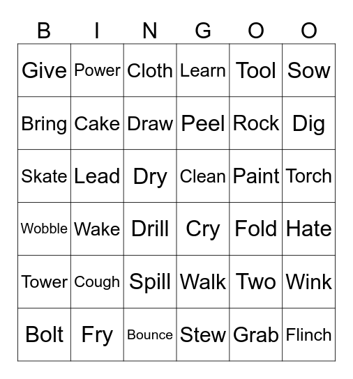 Action Verbs Words Bingo Card