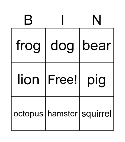 Animals BINGO Card