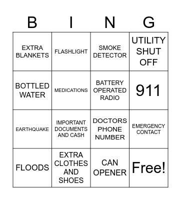 Emergency preparedness Bingo Card