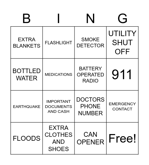 Emergency preparedness Bingo Card
