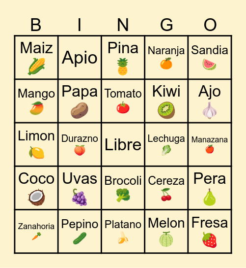 Frutas y Verduras Bingo Card