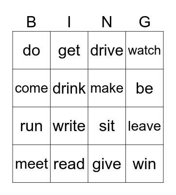 Irregular Verbs Bingo Card