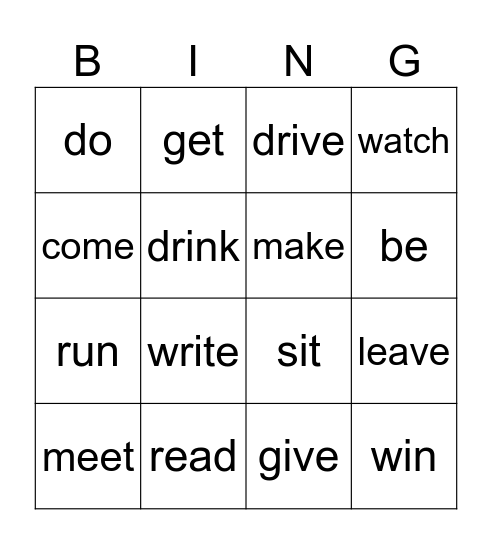 Irregular Verbs Bingo Card