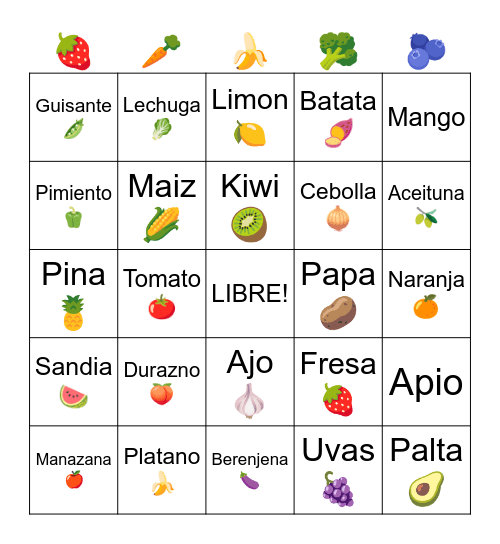 Frutas y Verduras BINGO Card