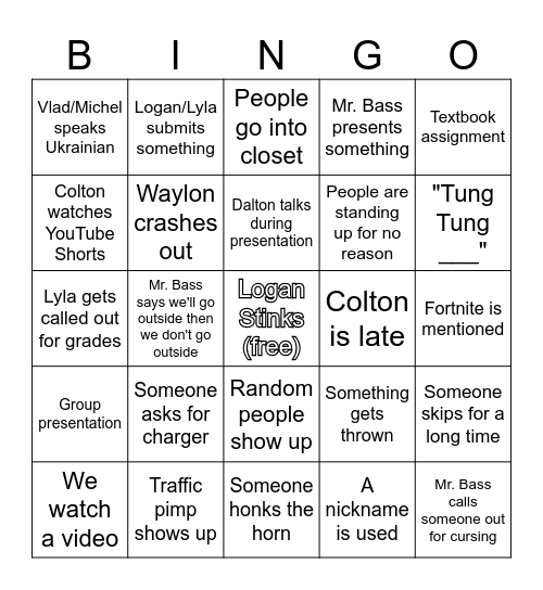 Mr. Bass Class Bingo Card