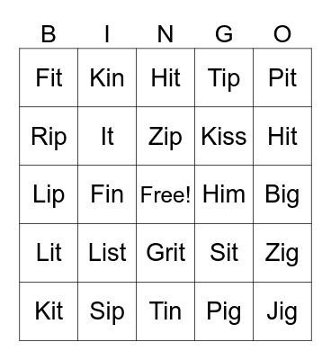 Short I Bingo Card