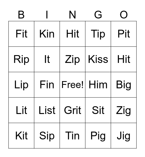 Short I Bingo Card