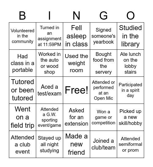 2025-26 G.W. Bingo! Bingo Card