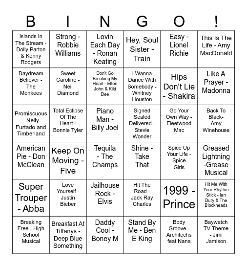 Our House Musical Bingo Card