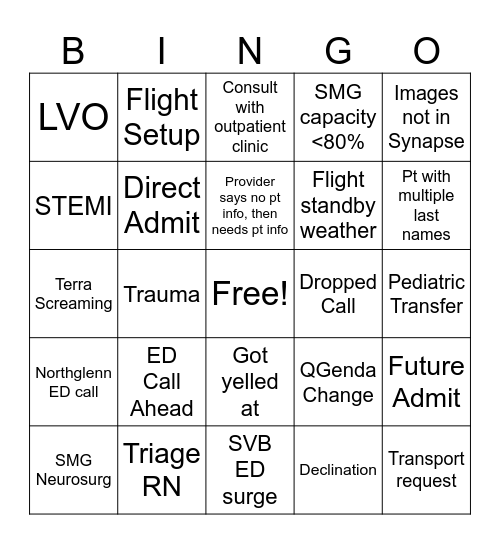 Transfer Center BINGO Card