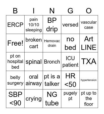 PACU BINGO Card
