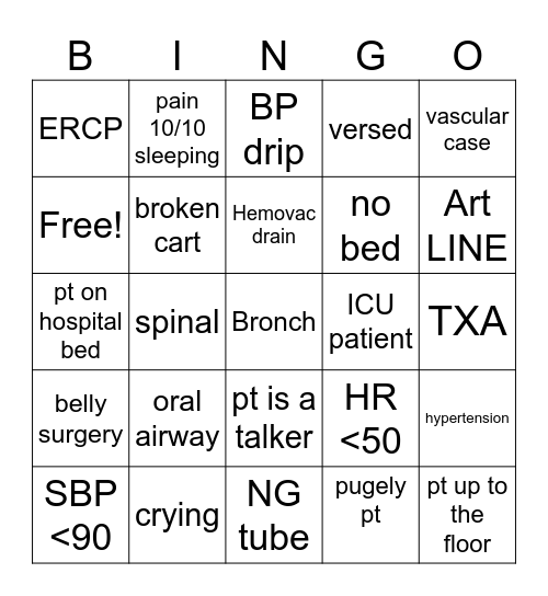 PACU BINGO Card
