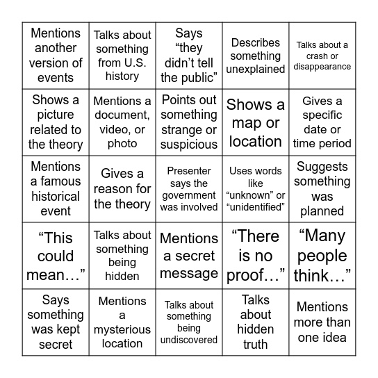 Conspiracy Theories Bingo Card