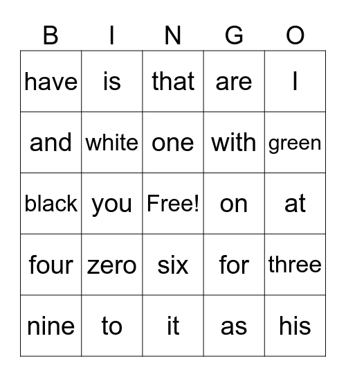 Sight Word Bingo Card