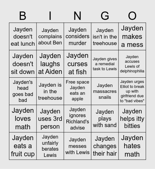 Jayden At Lunch Bingo Card Bingo Card