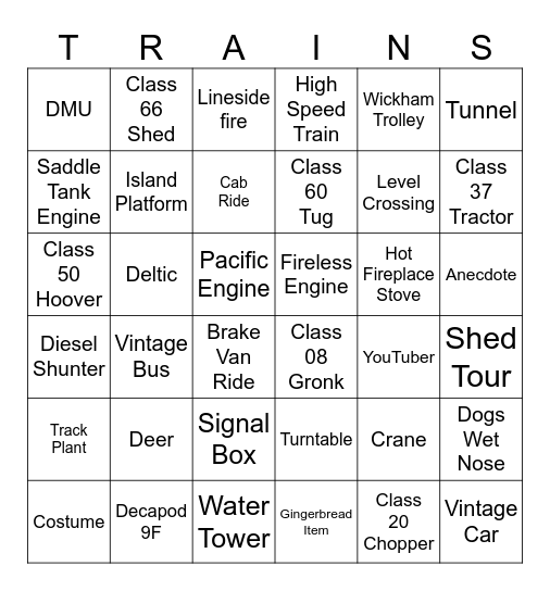 Train Spotting Bingo Card