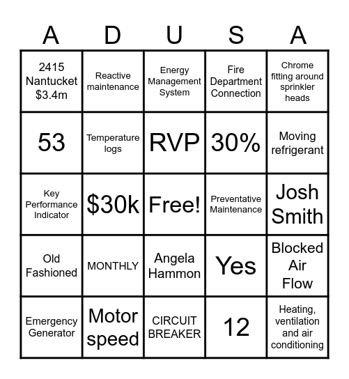 ADUSA Maintenance Bingo Card