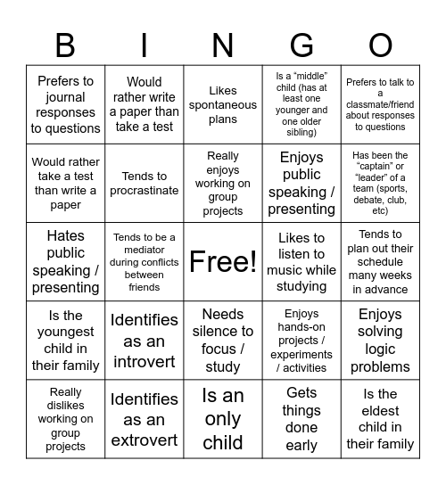 Class Bingo Card