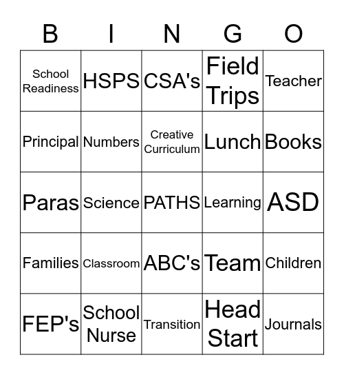 ASD - HEAD START BINGO Bingo Card