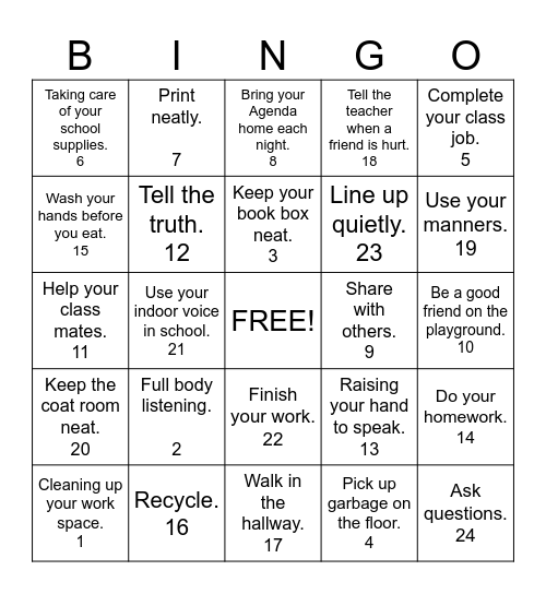 Responsibility BINGO Card