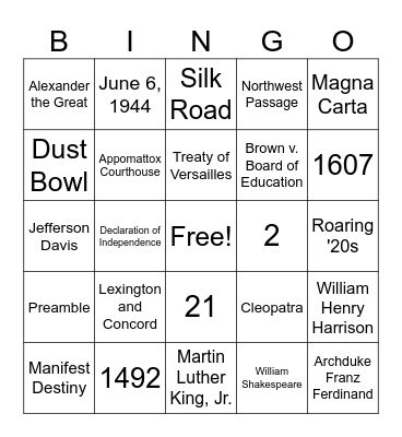 History Club Bingo Card