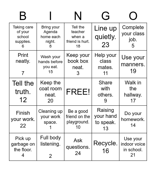 Responsibility BINGO Card