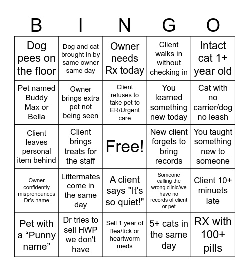 Veterinary CSR Bingo Card