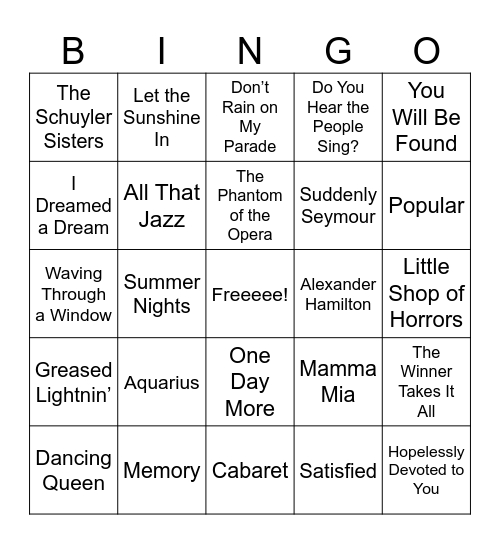 Show Tunes Bingo Card