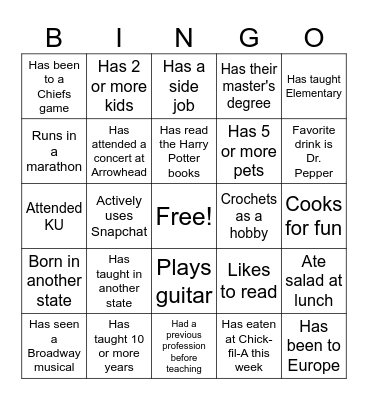 Teacher Appreciation Week Bingo Card