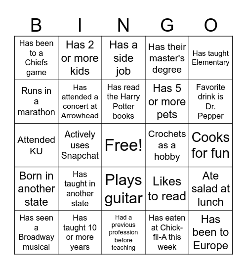 Teacher Appreciation Week Bingo Card