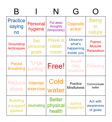 Recovery skills Bingo Card