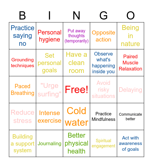 Recovery skills Bingo Card