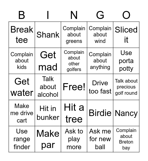 Golf bingo Card