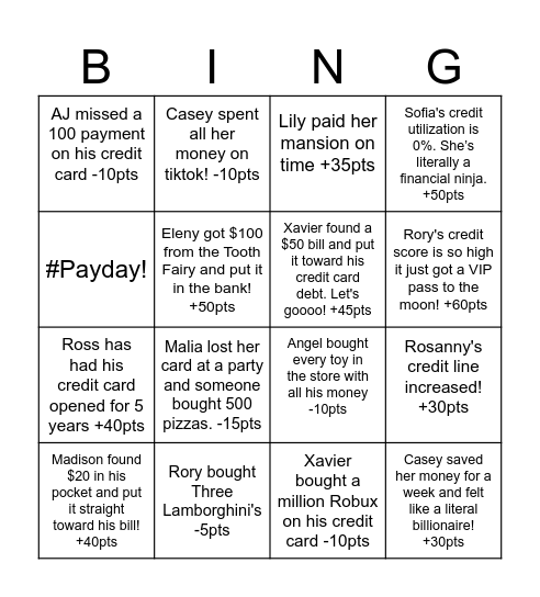 Credit Bingo Card