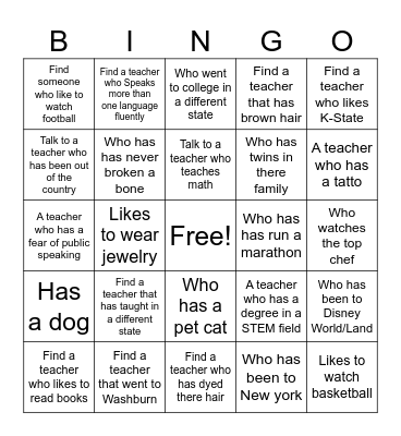 Teacher Bingo Card