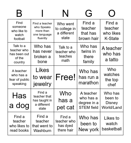Teacher Bingo Card