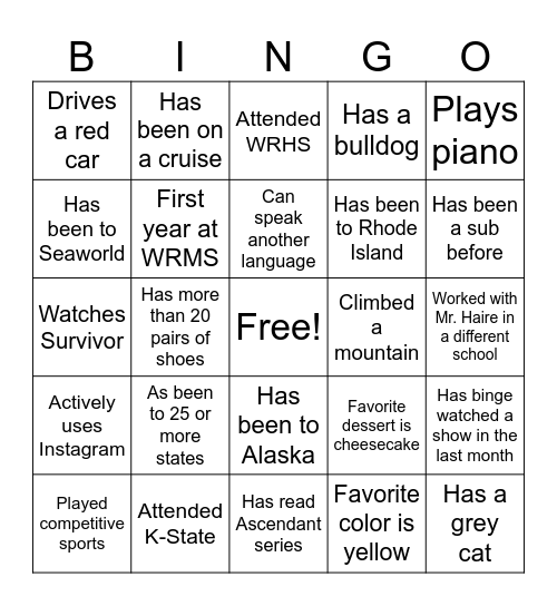 Teacher Appreciation Bingo Card