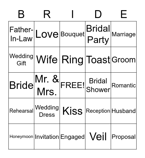 Tanya's Bridal Shower Bingo Card