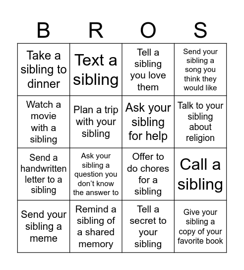 Get closer to your siblings bingo Card