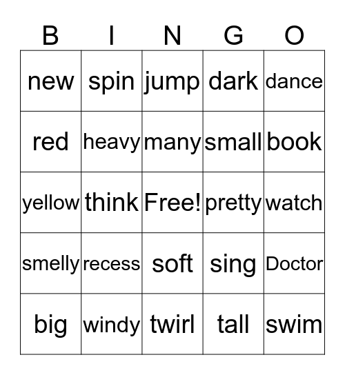 Parts of Speech Noun Verb Adjective Bingo Card