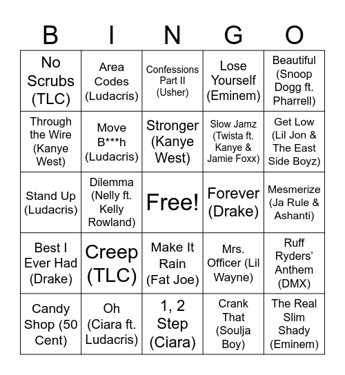 Throwback HipHop and R&B Bingo Card