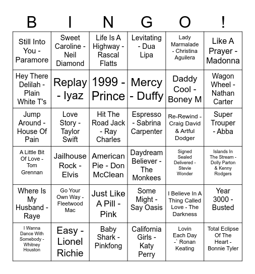 Our House Musical Bingo Card