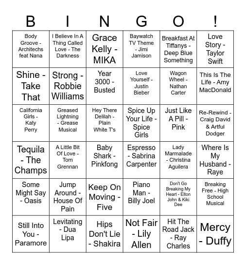 Our House Musical Bingo Card