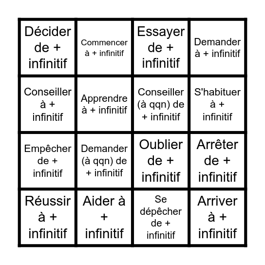 Les verbes prépositionnels Bingo Card