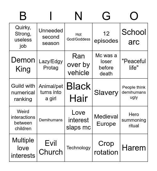 Trash Isekai Bingo Card