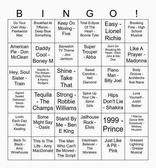 Our House Musical Bingo Card