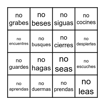 Spanish Familiar Commands Bingo Card