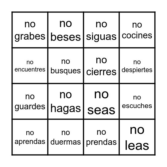 Spanish Familiar Commands Bingo Card