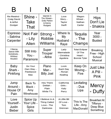 Our House Musical Bingo Card