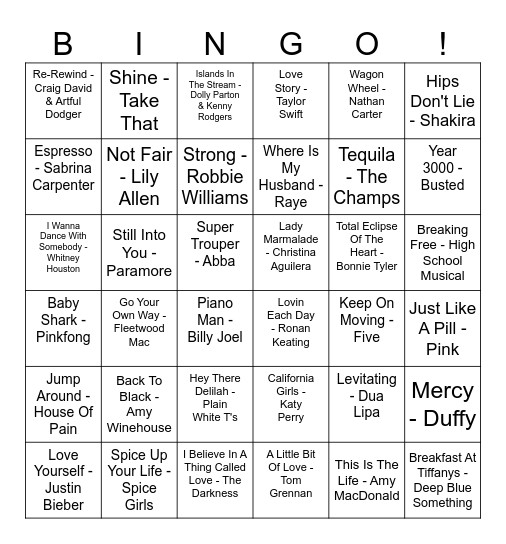 Our House Musical Bingo Card